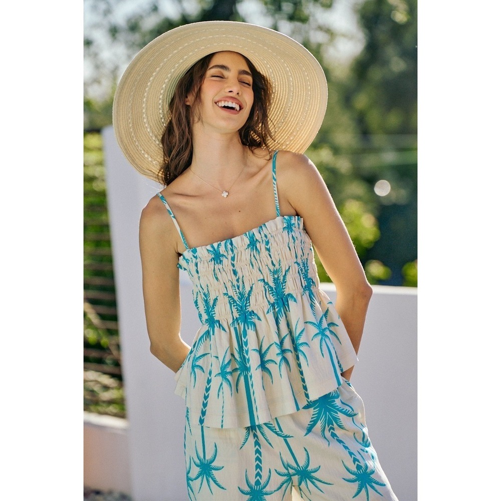 SO ME Palm Tree Smocked Bodice Adjustable Cami Top - Blue - Medium - Picture 15 of 16